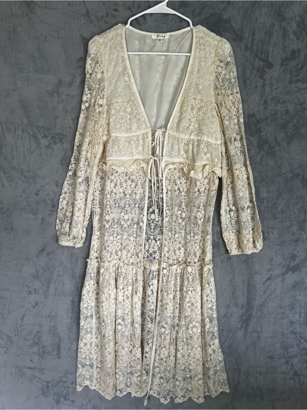 Forte Sheer Lace Tiered Maxi Duster Cardigan XL Cream fairy whimsigoth cottage